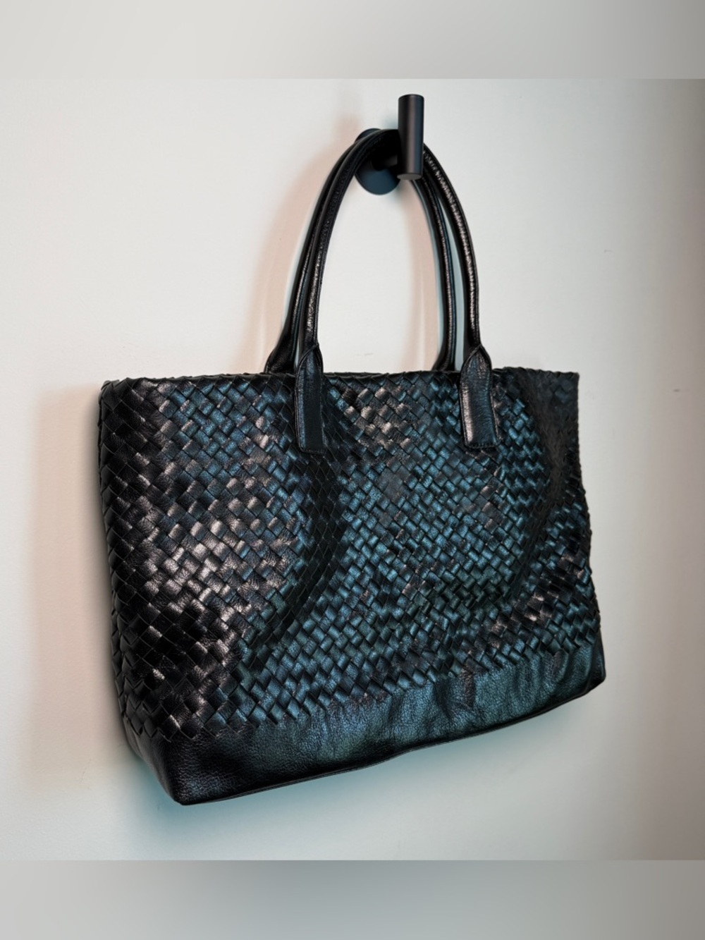 Monsac Original Black Woven Leather Oversized Tote Bag Intrecciato Style Large